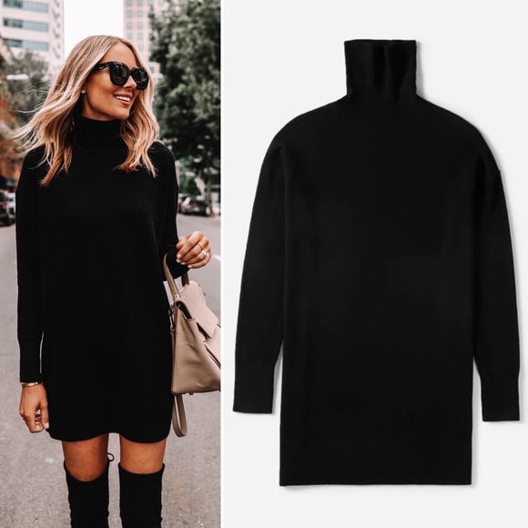 EVERLANE The Cashmere Turtleneck Dress Black Long Sleeve Knee Length Large NEW